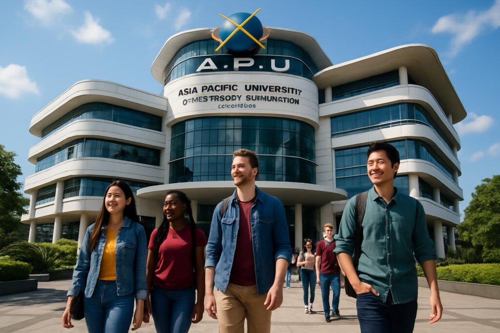 Suasana kampus APU Malaysia yang modern dan multikultural dengan mahasiswa internasional
