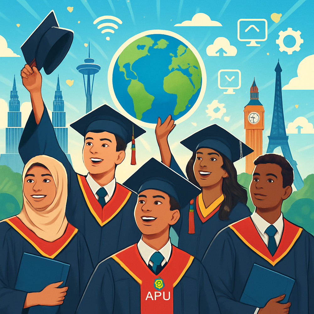 Ilustrasi lulusan APU Malaysia meraih karier teknologi global.