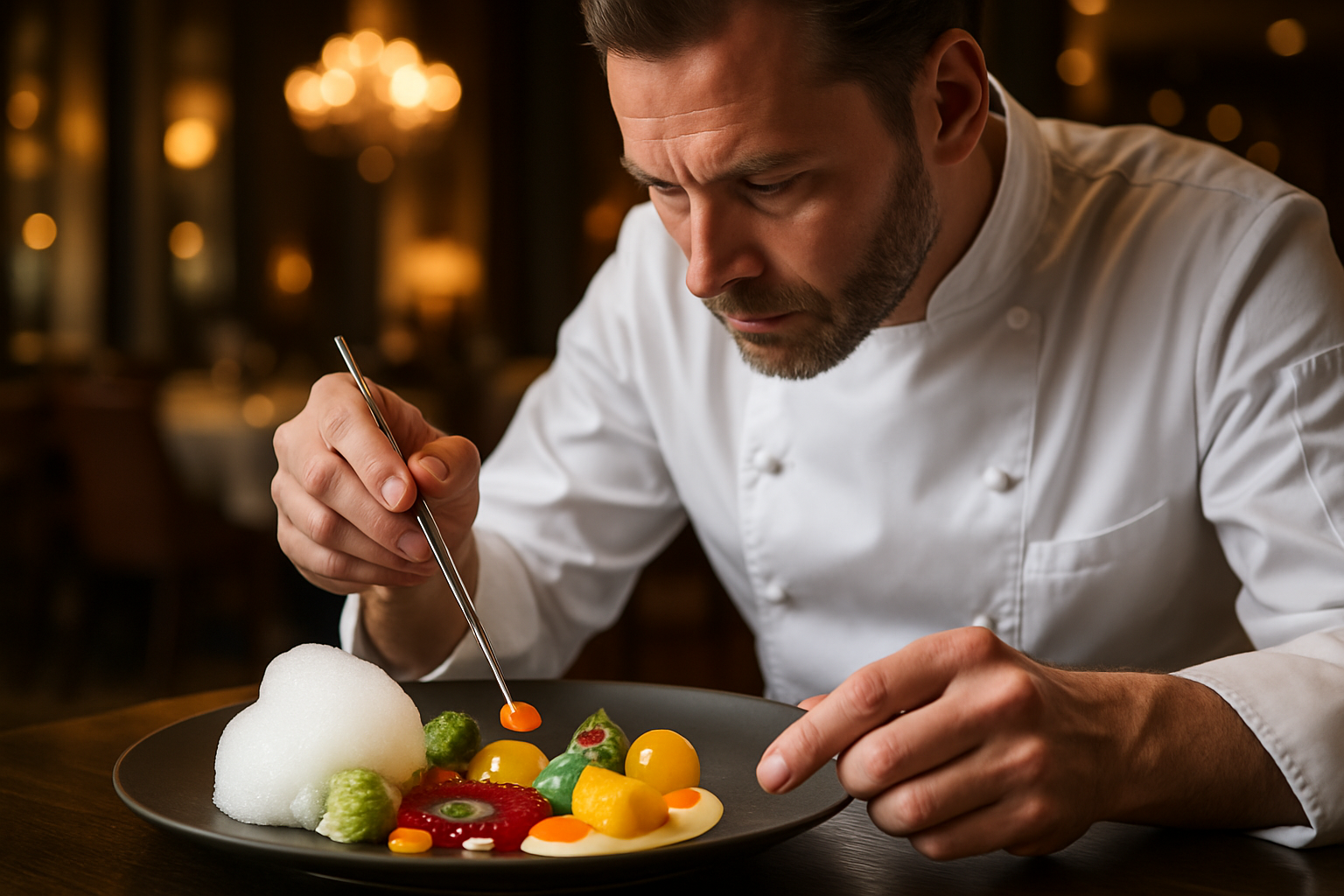 Ilustrasi seorang koki profesional sedang menyajikan hidangan gastronomi molekuler yang artistik dan modern di restoran mewah.