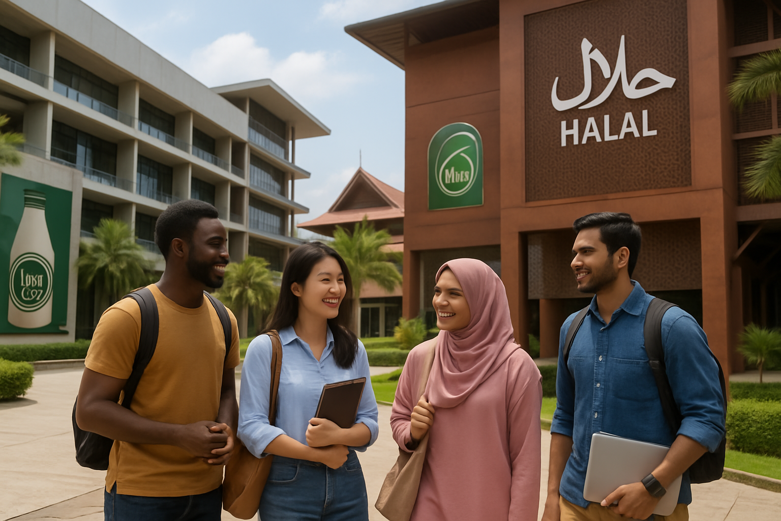 Mahasiswa internasional di kampus modern Malaysia dengan simbol industri halal