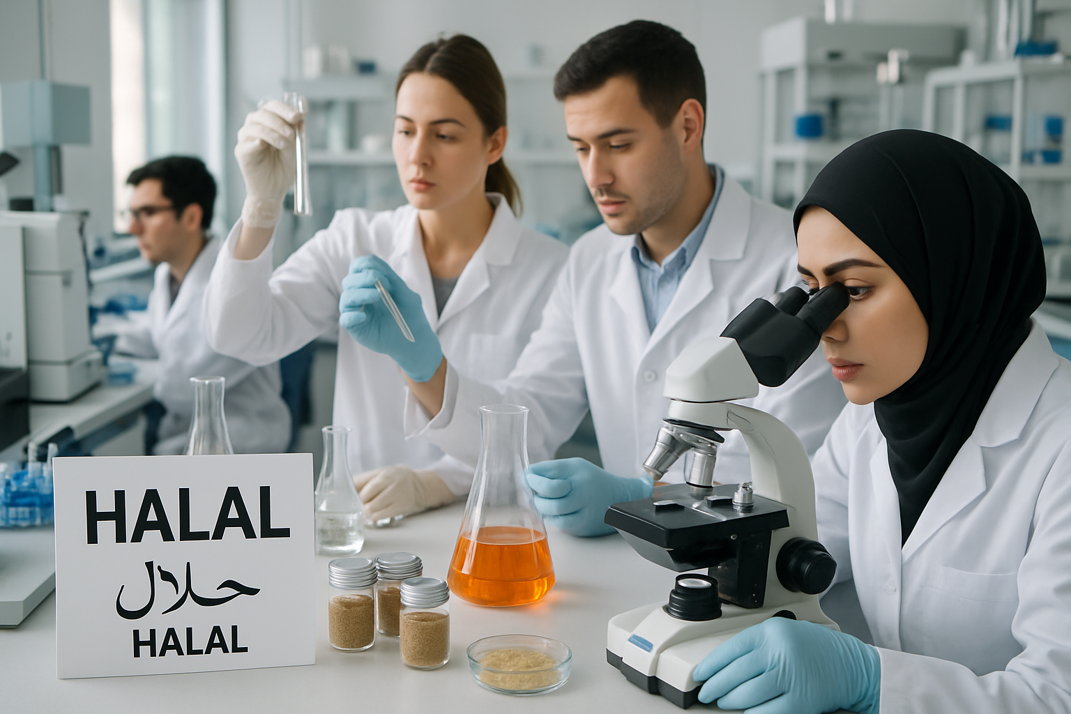 Laboratorium canggih dengan mahasiswa melakukan analisis produk halal