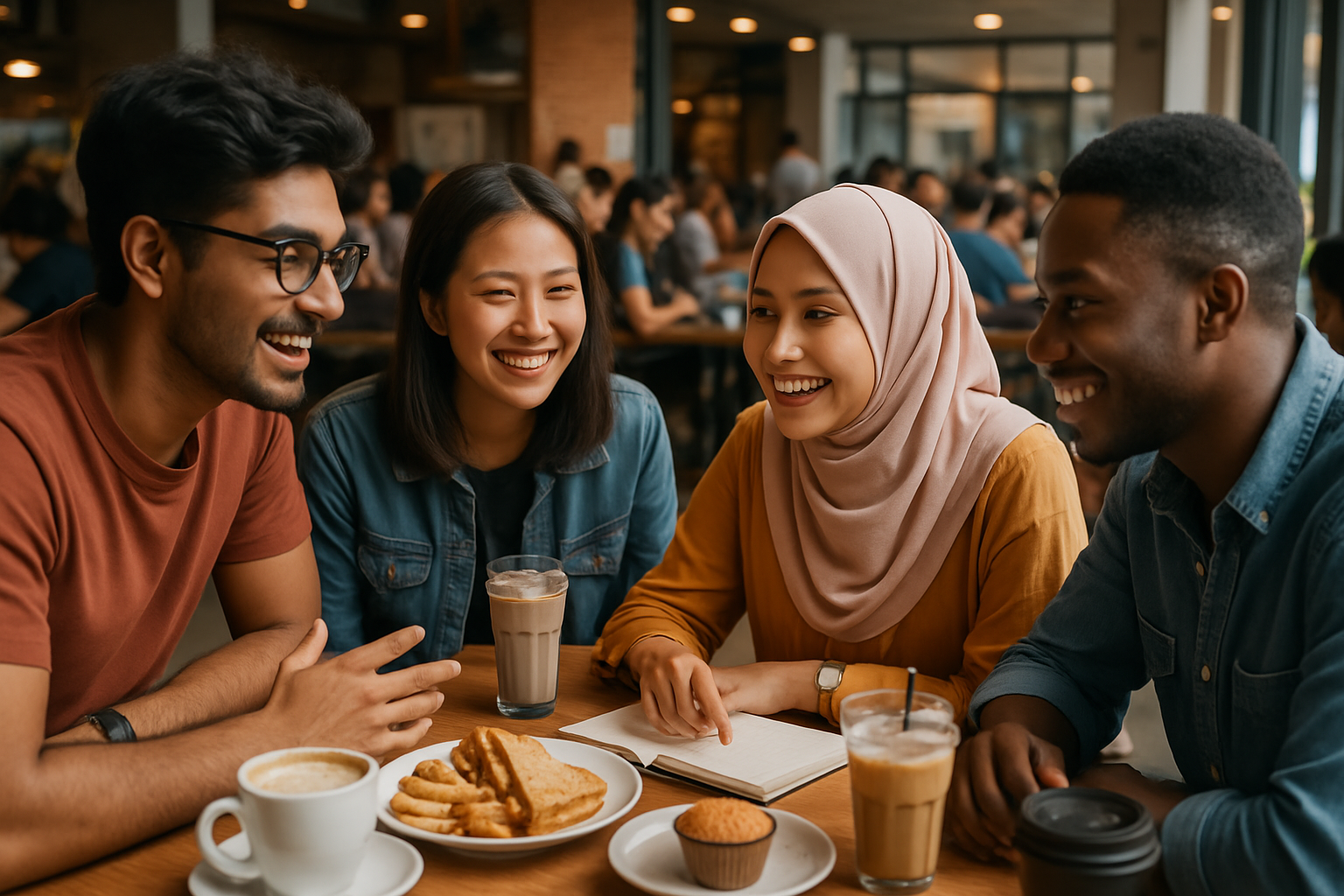 ekelompok mahasiswa internasional berdiskusi di kafe kampus Malaysia