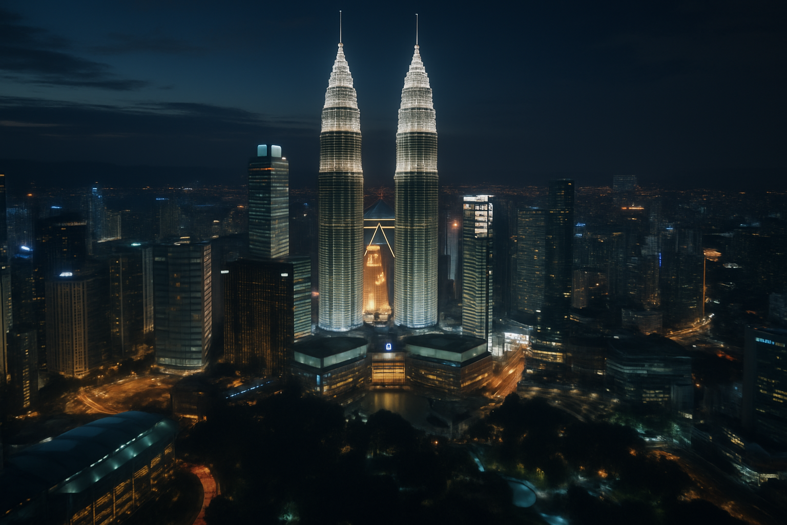 Pemandangan kota Kuala Lumpur di malam hari.