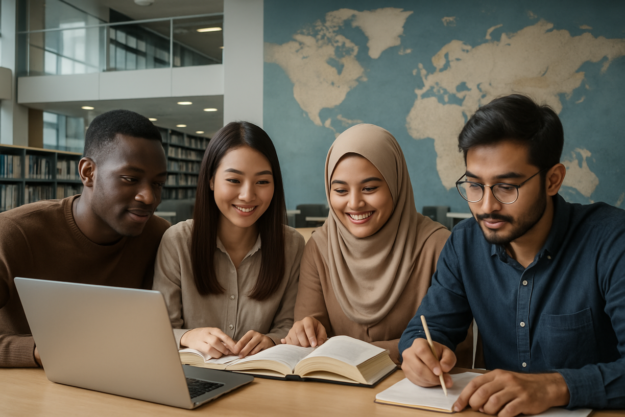 Mahasiswa pascasarjana dari berbagai negara belajar bersama di perpustakaan modern di Malaysia.