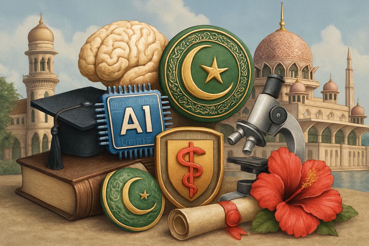 Kolase simbol akademik unik yang mewakili berbagai bidang pascasarjana dengan elemen arsitektur Malaysia.