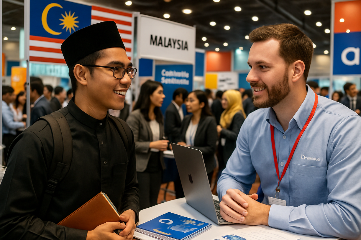 Seorang mahasiswa berinteraksi dengan perekrut di pameran karir di Malaysia.