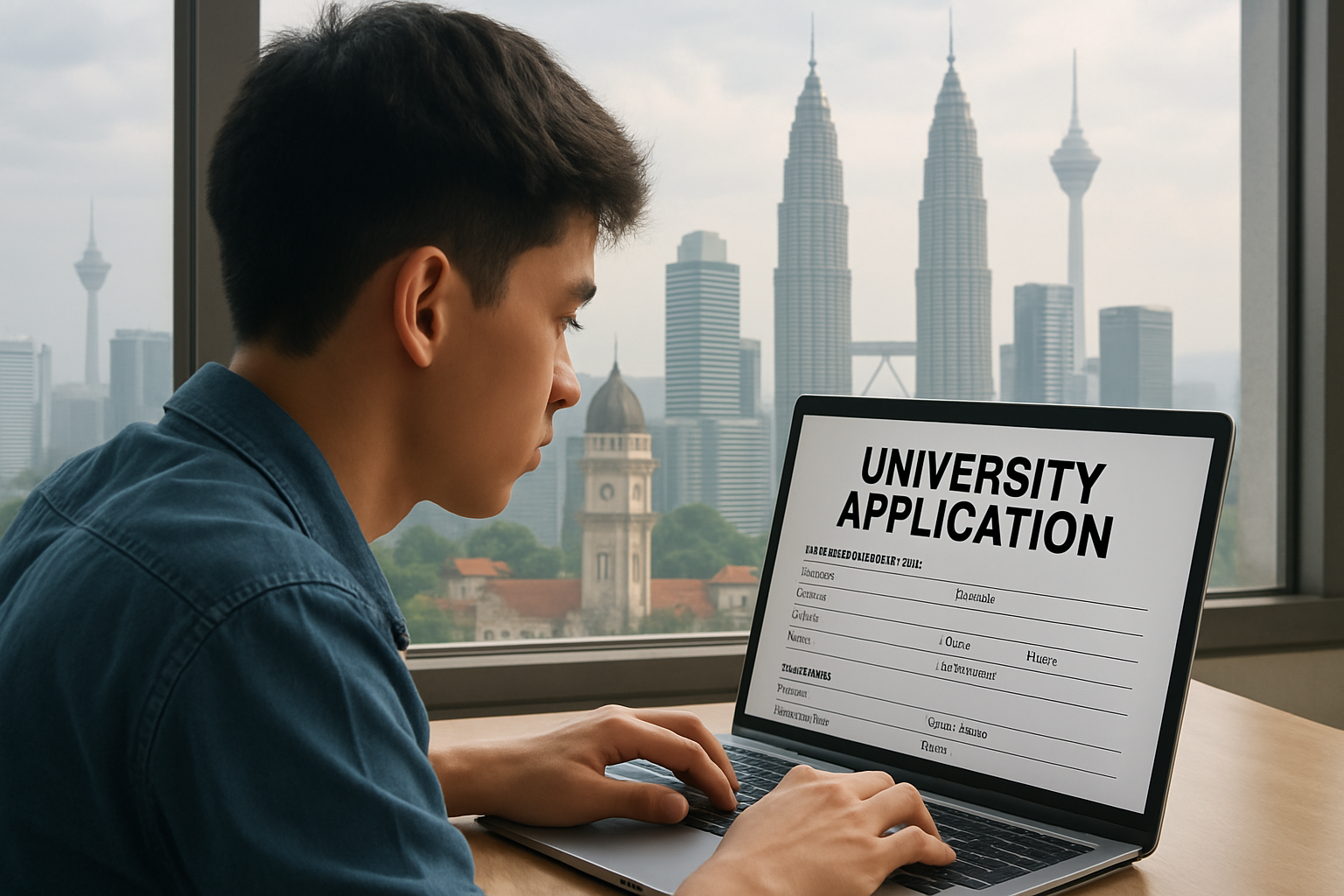 Seorang mahasiswa fokus mengisi formulir aplikasi universitas, dengan pemandangan kota Kuala Lumpur di latar belakang.