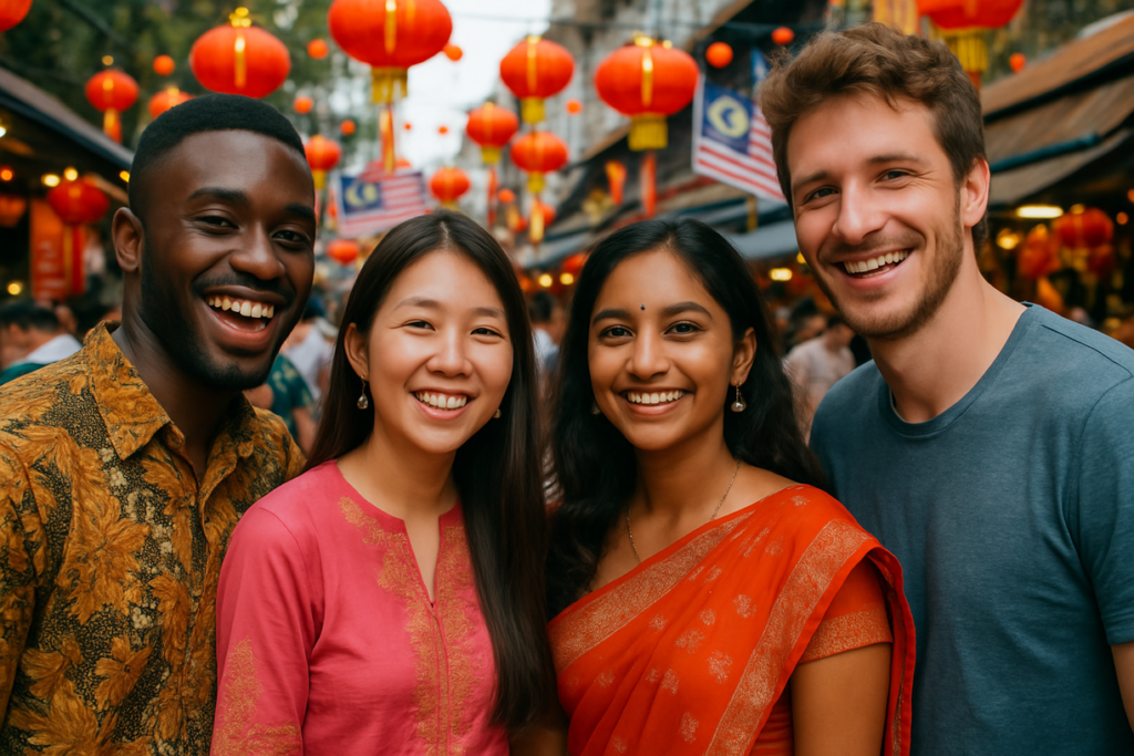 Sekelompok mahasiswa internasional menikmati festival budaya di Malaysia, menunjukkan kehidupan multikultural yang semarak.