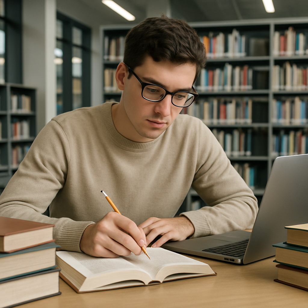 Mahasiswa belajar dengan tekun di perpustakaan