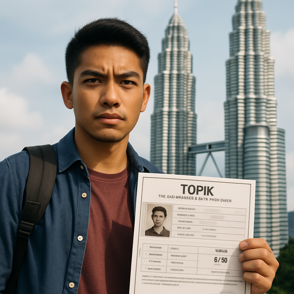 Mahasiswa memegang sertifikat TOPIK dengan latar belakang Menara Kembar Petronas